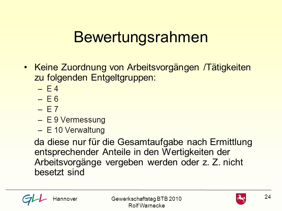 Bewertungsrahmen Keine Zuordnung von Arbeitsvorgängen /Tätigkeiten zu folgenden Entgeltgruppen: E 4.