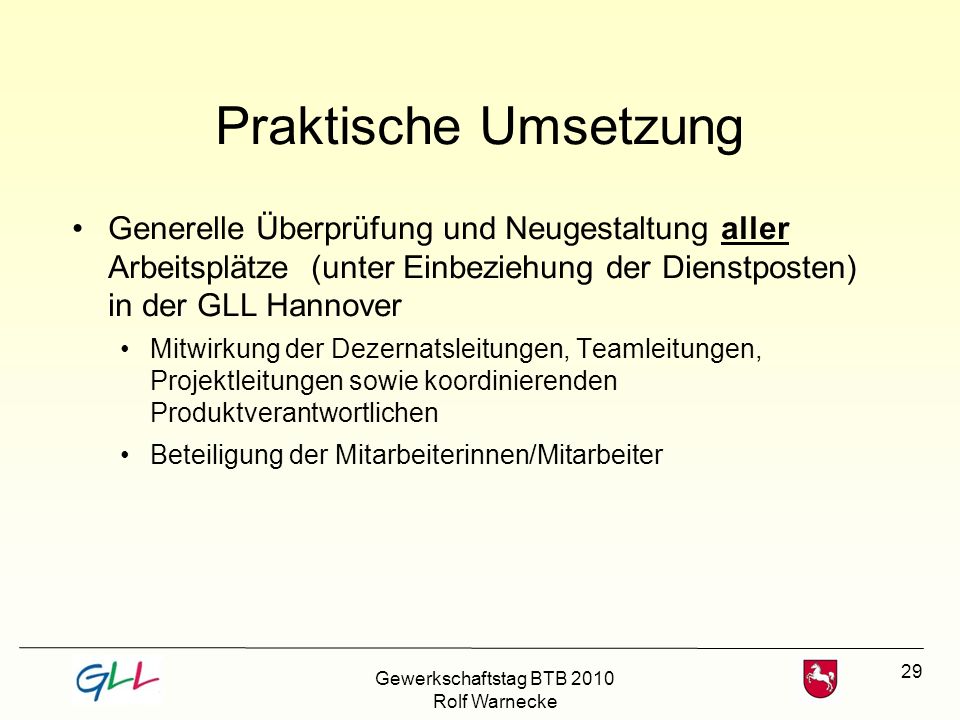 Praktische Umsetzung Generelle Überprüfung und Neugestaltung aller Arbeitsplätze (unter Einbeziehung der Dienstposten) in der GLL Hannover.