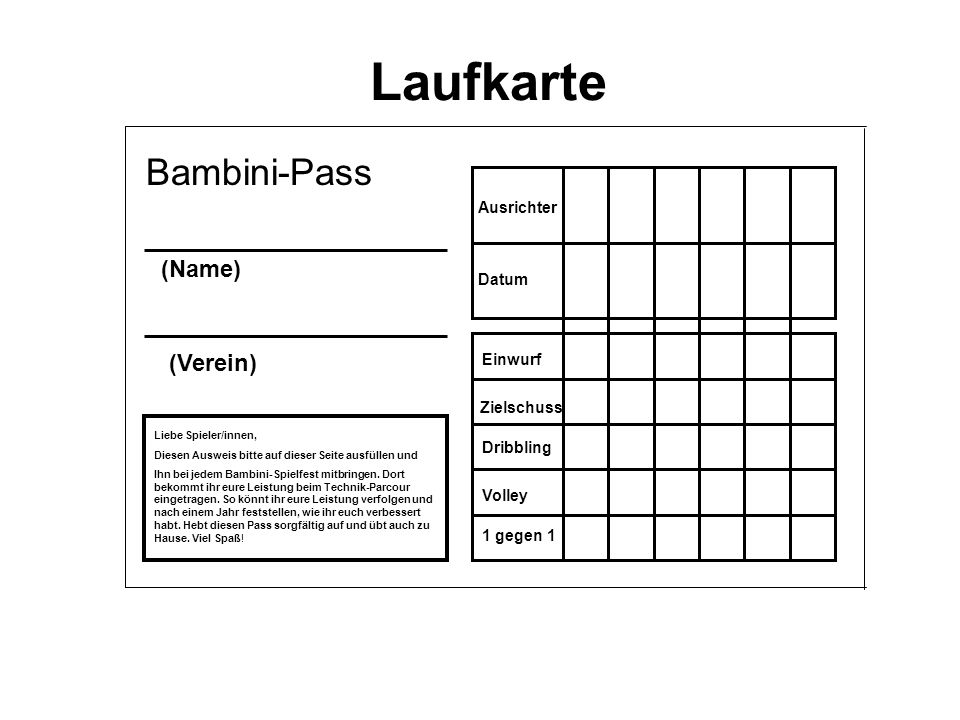 Laufkarte Bambini-Pass (Name) (Verein) Ausrichter Datum Einwurf