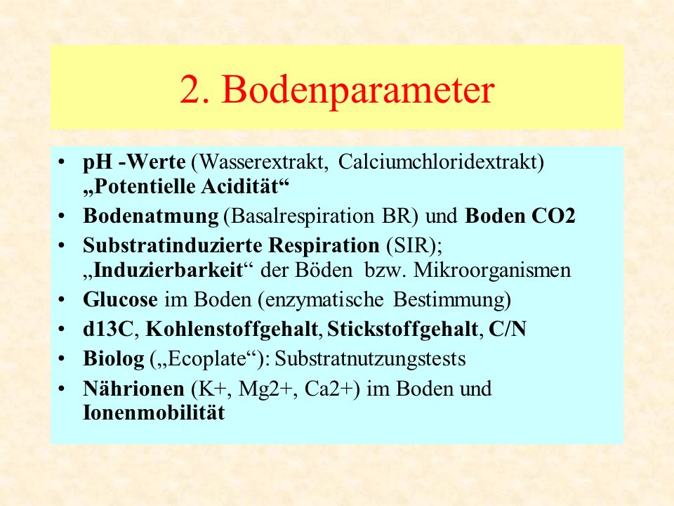 2. Bodenparameter pH -Werte (Wasserextrakt, Calciumchloridextrakt) „Potentielle Acidität Bodenatmung (Basalrespiration BR) und Boden CO2.