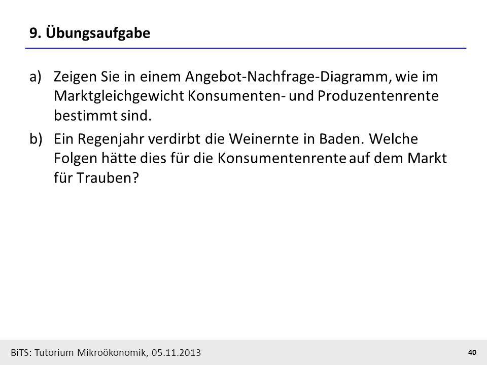 9. Übungsaufgabe Zeigen Sie in einem Angebot-Nachfrage-Diagramm, wie im Marktgleichgewicht Konsumenten- und Produzentenrente bestimmt sind.