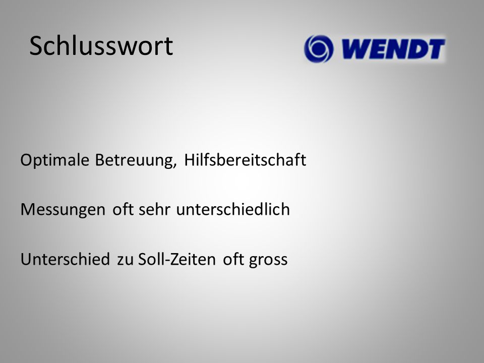 Schlusswort Optimale Betreuung, Hilfsbereitschaft Messungen oft sehr unterschiedlich Unterschied zu Soll-Zeiten oft gross