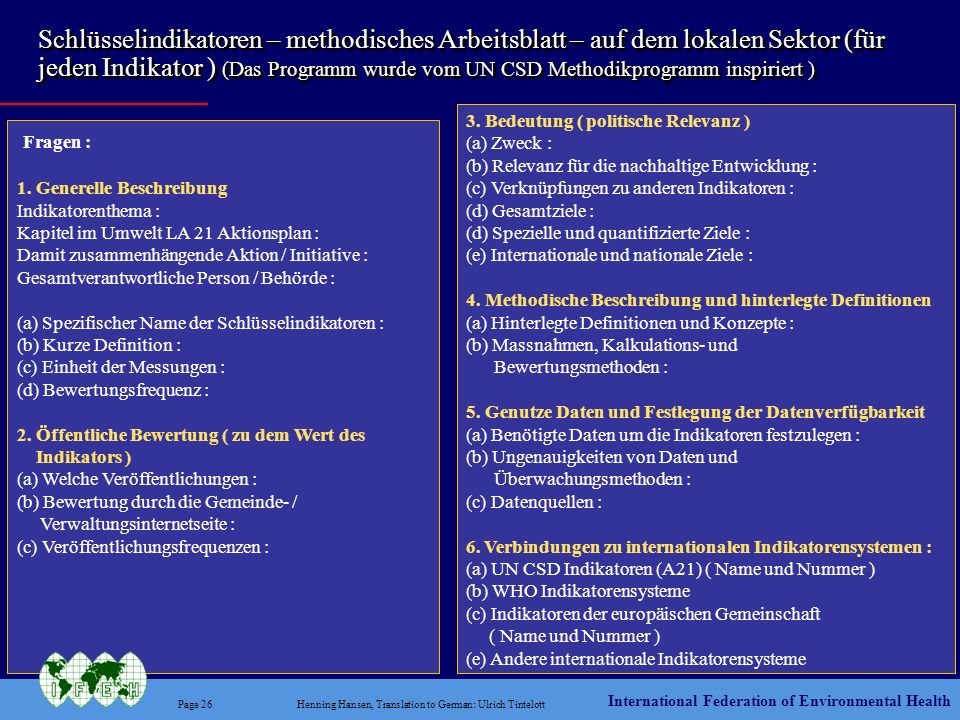 Schlüsselindikatoren – methodisches Arbeitsblatt – auf dem lokalen Sektor (für jeden Indikator ) (Das Programm wurde vom UN CSD Methodikprogramm inspiriert )