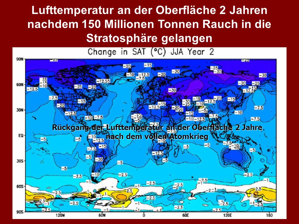Lufttemperatur an der Oberfläche 2 Jahren nachdem 150 Millionen Tonnen Rauch in die Stratosphäre gelangen