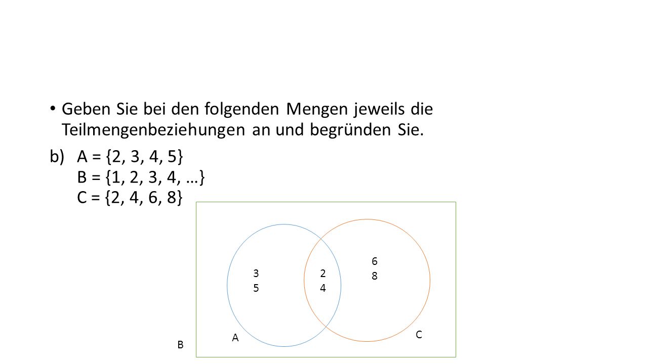 Geben Sie bei den folgenden Mengen jeweils die Teilmengenbeziehungen an und begründen Sie.
