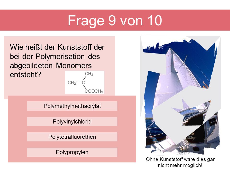 Frage 9 von 10 Wie heißt der Kunststoff der bei der Polymerisation des abgebildeten Monomers entsteht