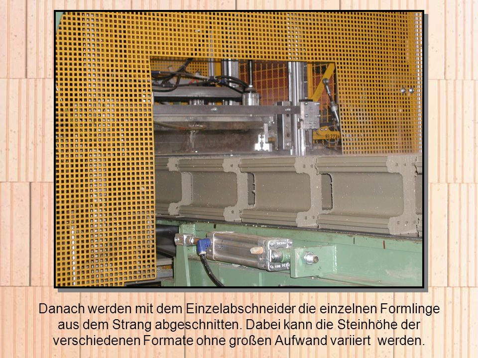 Danach werden mit dem Einzelabschneider die einzelnen Formlinge aus dem Strang abgeschnitten.