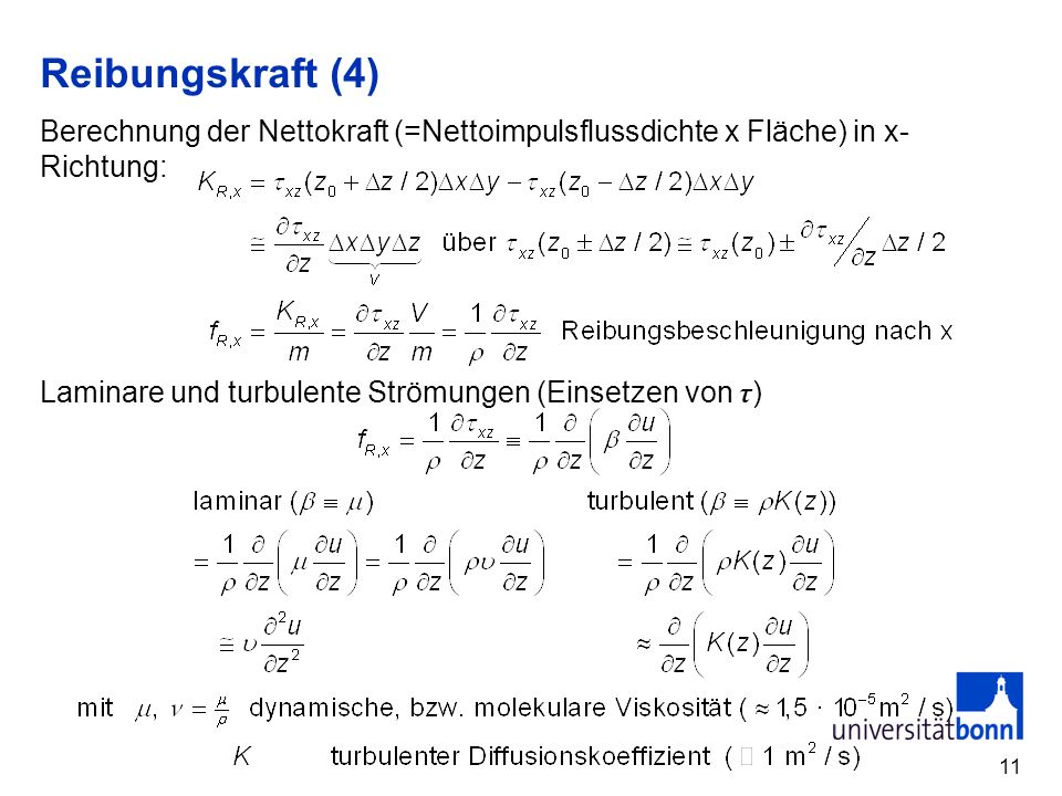 Reibungskraft (4) Berechnung der Nettokraft (=Nettoimpulsflussdichte x Fläche) in x-Richtung: Laminare und turbulente Strömungen (Einsetzen von τ)