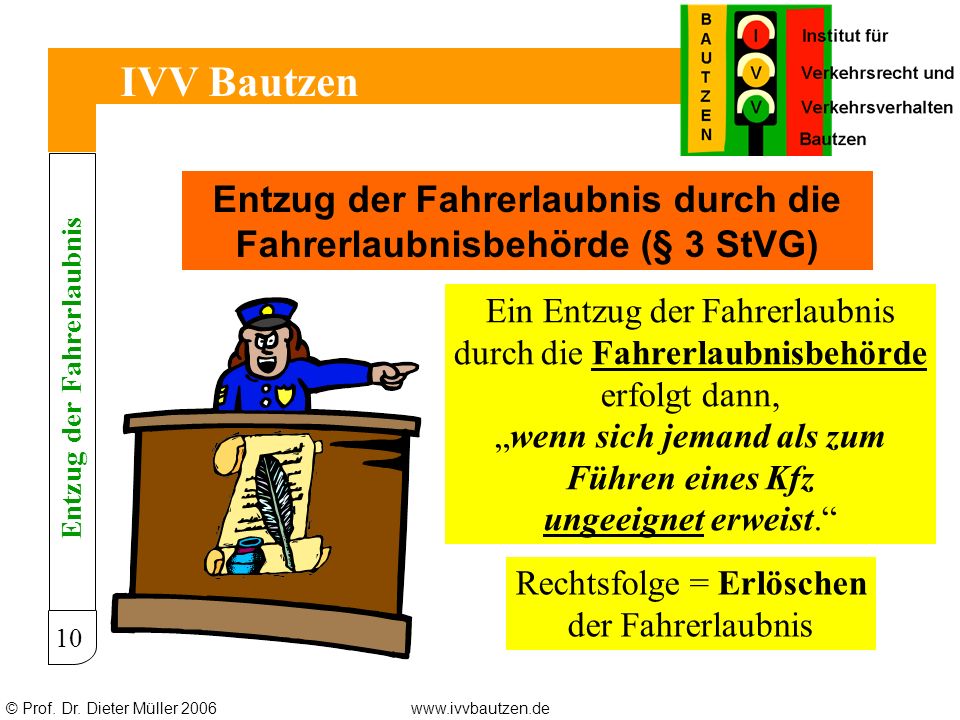 IVV Bautzen Entzug der Fahrerlaubnis durch die Fahrerlaubnisbehörde (§ 3 StVG) Ein Entzug der Fahrerlaubnis.