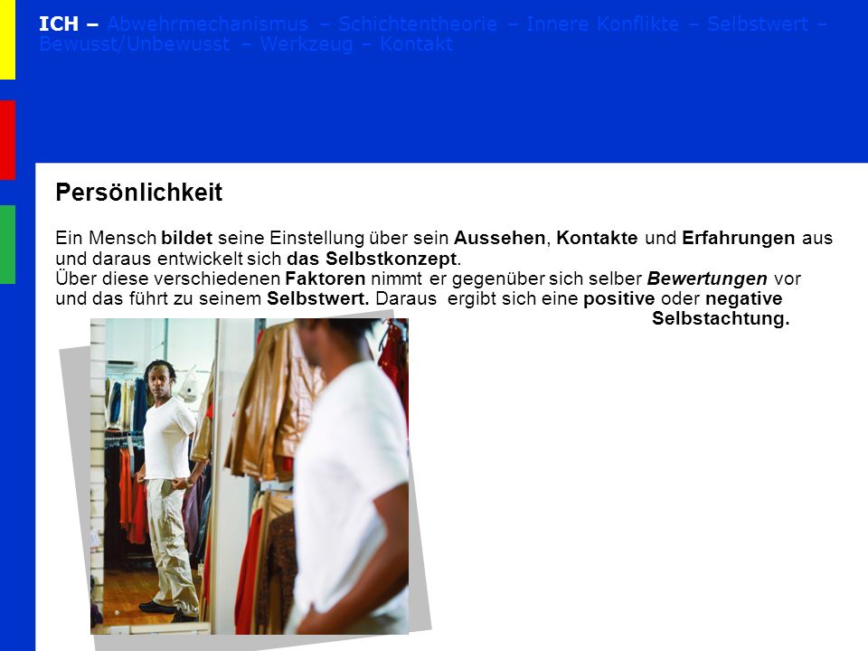 ICH – Abwehrmechanismus – Schichtentheorie – Innere Konflikte – Selbstwert – Bewusst/Unbewusst – Werkzeug – Kontakt