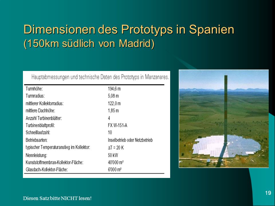 Dimensionen des Prototyps in Spanien (150km südlich von Madrid)