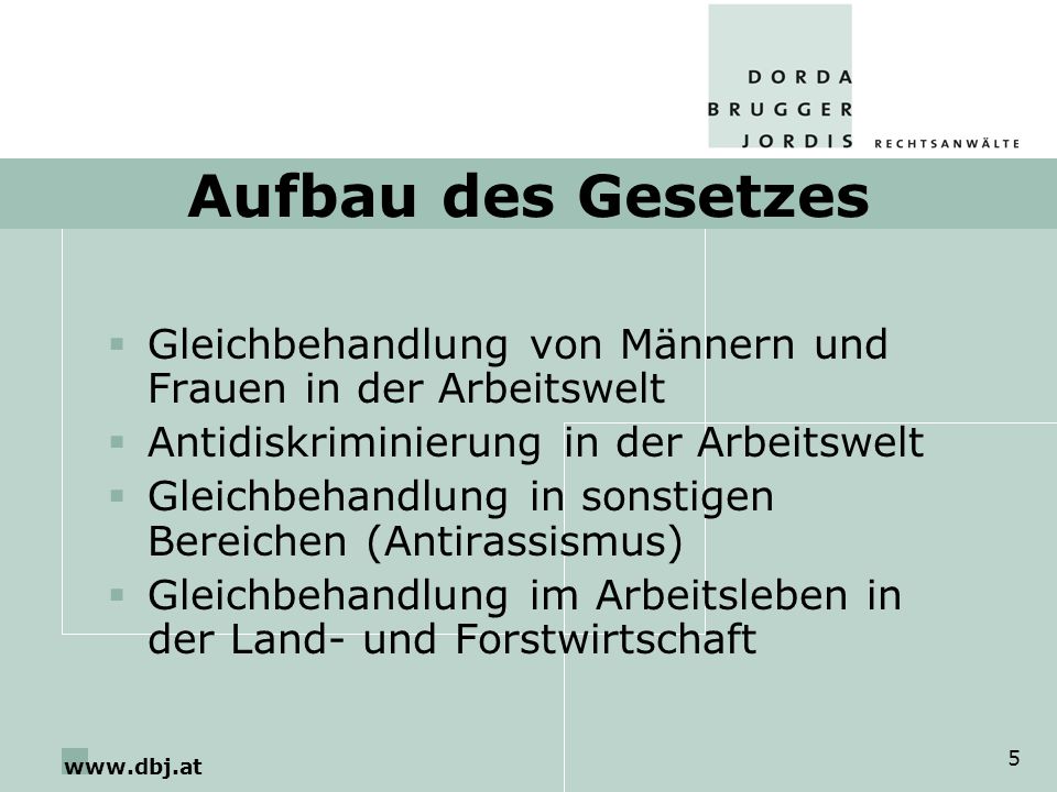 Aufbau des Gesetzes Gleichbehandlung von Männern und Frauen in der Arbeitswelt. Antidiskriminierung in der Arbeitswelt.