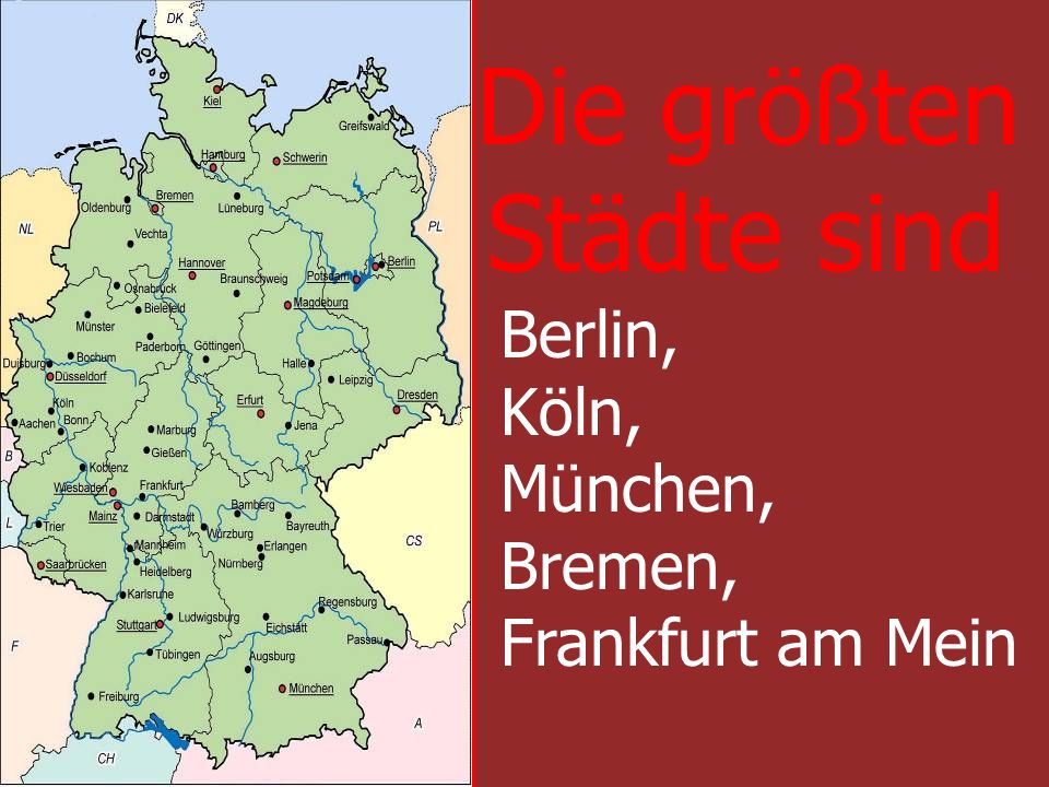 Städte sind Berlin, Köln, München, Bremen, Frankfurt am Mein