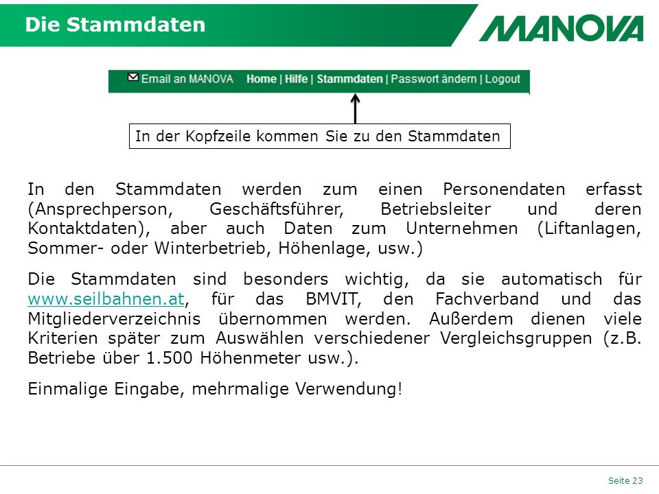 Die Stammdaten In der Kopfzeile kommen Sie zu den Stammdaten.