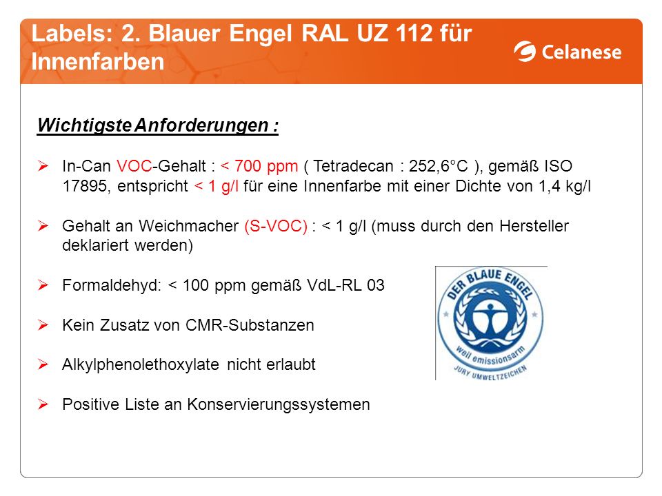 Labels: 2. Blauer Engel RAL UZ 112 für Innenfarben