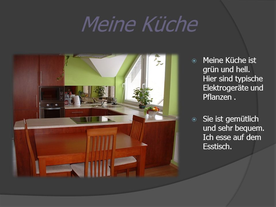 Meine Küche Meine Küche ist grün und hell. Hier sind typische Elektrogeräte und Pflanzen .