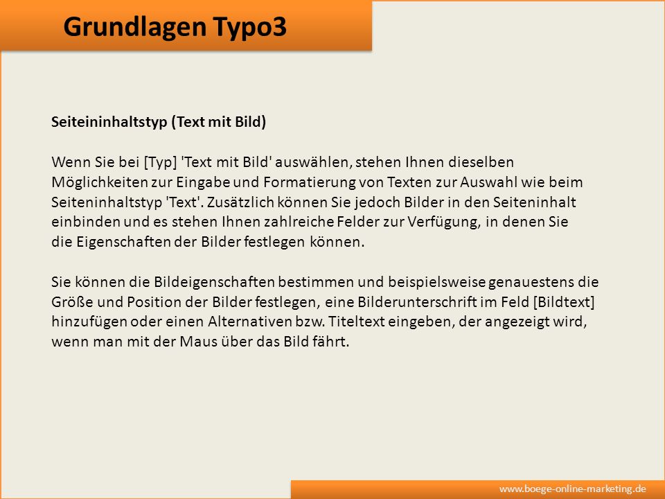 Grundlagen Typo3 Seiteininhaltstyp (Text mit Bild)