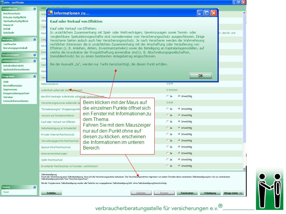 Beim klicken mit der Maus auf die einzelnen Punkte öffnet sich ein Fenster mit Informationen zu dem Thema.