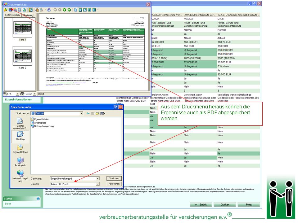 Aus dem Druckmenü heraus können die Ergebnisse auch als PDF abgespeichert werden.