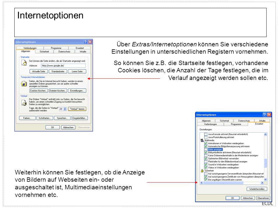 Internetoptionen Über Extras/Internetoptionen können Sie verschiedene Einstellungen in unterschiedlichen Registern vornehmen.