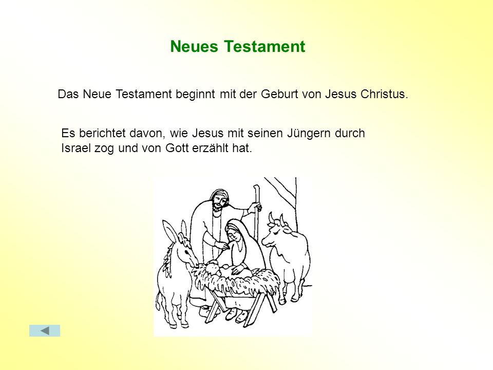 Neues Testament Das Neue Testament beginnt mit der Geburt von Jesus Christus.