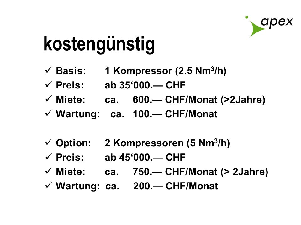 kostengünstig Basis: 1 Kompressor (2.5 Nm3/h) Preis: ab 35‘000.— CHF