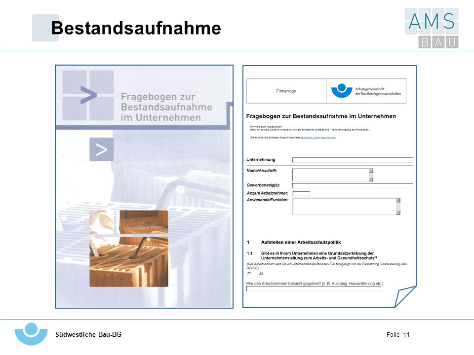 Bestandsaufnahme Linke Seite - Deckblatt des Fragebogens zur Bestandsaufnahme im Unternehmen (so wie im Ordner)