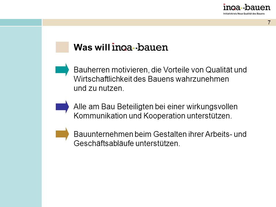 7 Was will Bauherren motivieren, die Vorteile von Qualität und Wirtschaftlichkeit des Bauens wahrzunehmen und zu nutzen.