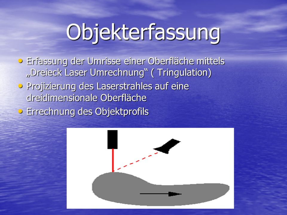 Objekterfassung Erfassung der Umrisse einer Oberfläche mittels „Dreieck Laser Umrechnung ( Tringulation)