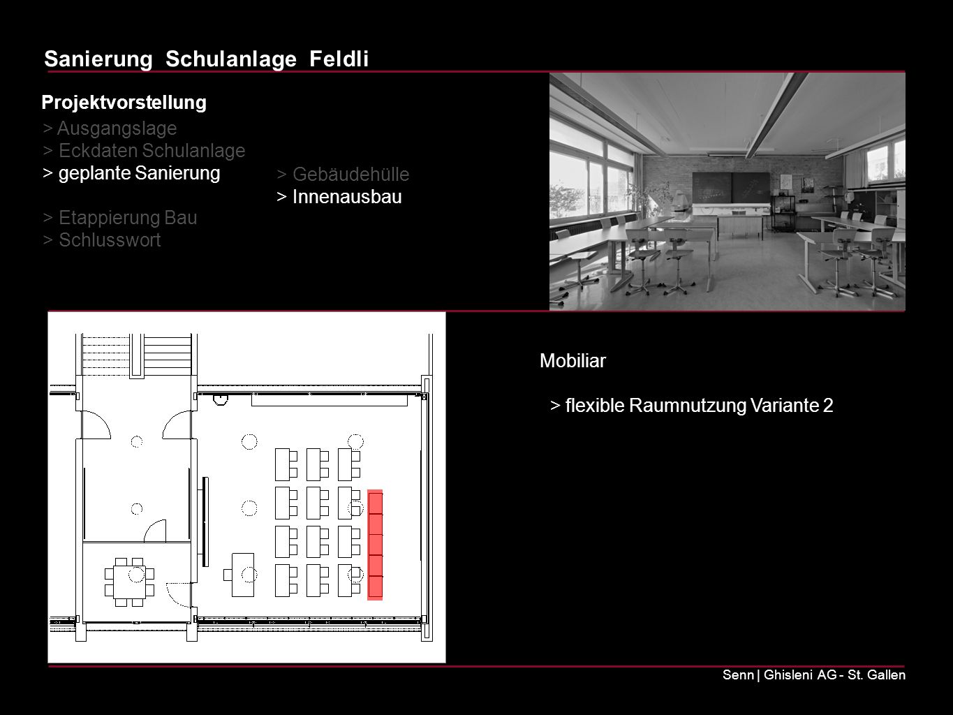 Projektvorstellung > Ausgangslage. > Eckdaten Schulanlage. > geplante Sanierung. > Etappierung Bau.