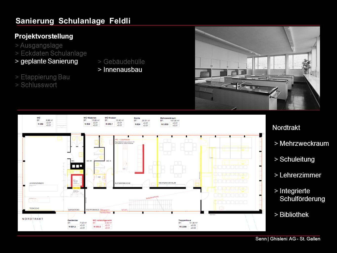 Projektvorstellung > Ausgangslage. > Eckdaten Schulanlage. > geplante Sanierung. > Etappierung Bau.