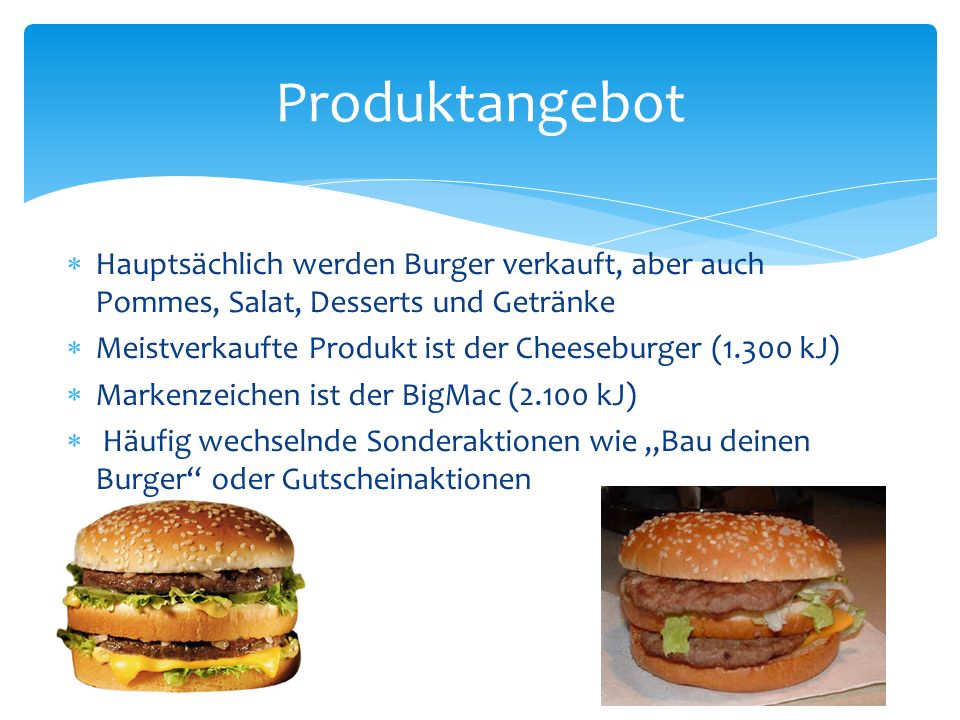 Produktangebot Hauptsächlich werden Burger verkauft, aber auch Pommes, Salat, Desserts und Getränke.