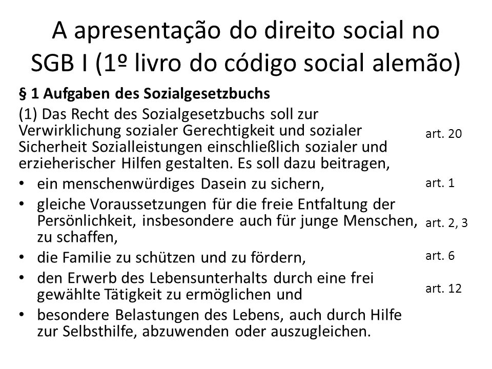 A apresentação do direito social no SGB I (1º livro do código social alemão)