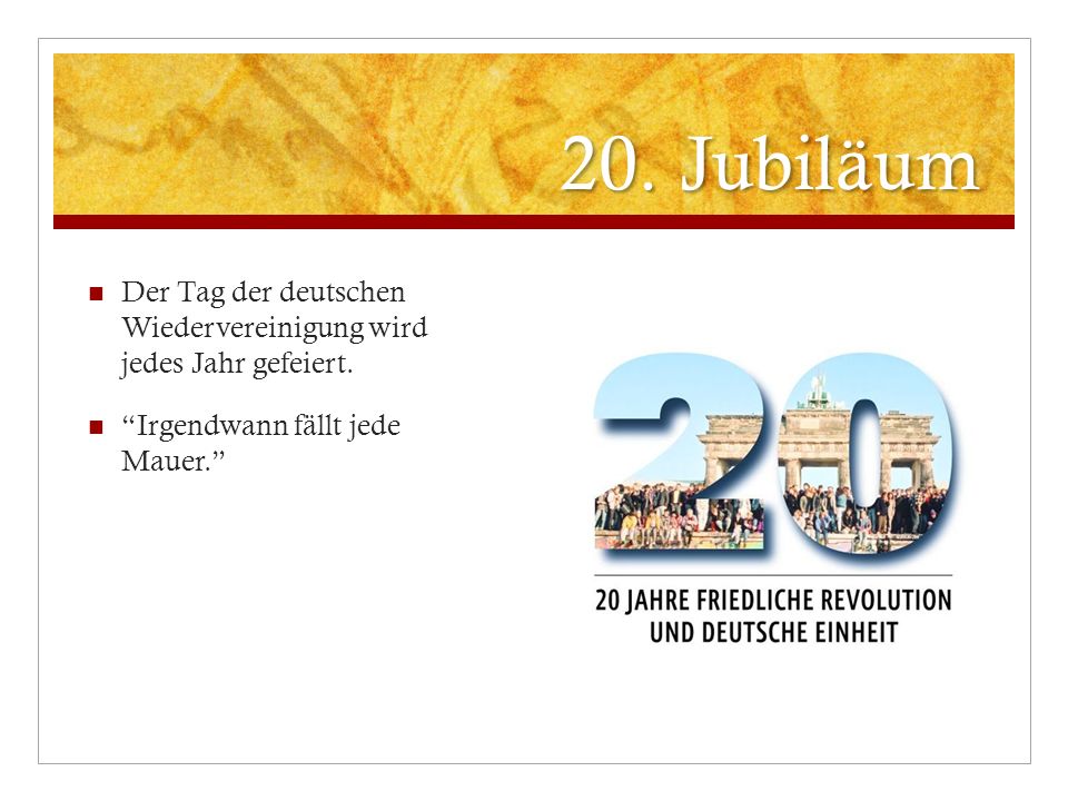 20. Jubiläum Der Tag der deutschen Wiedervereinigung wird jedes Jahr gefeiert.