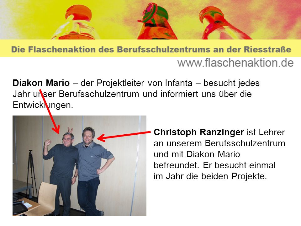 Diakon Mario – der Projektleiter von Infanta – besucht jedes Jahr unser Berufsschulzentrum und informiert uns über die Entwicklungen.