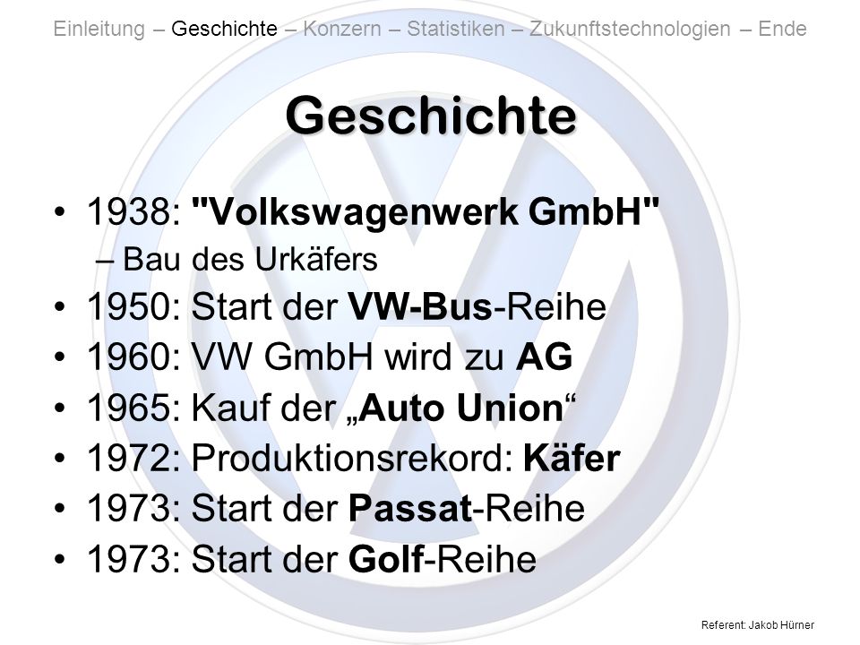 Geschichte 1938: Volkswagenwerk GmbH 1950: Start der VW-Bus-Reihe