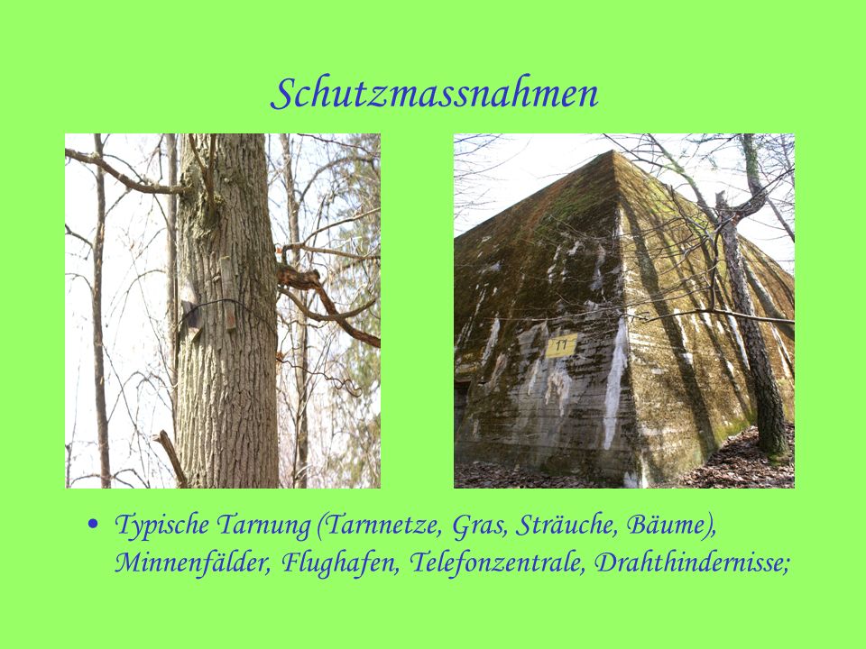 Schutzmassnahmen Typische Tarnung (Tarnnetze, Gras, Sträuche, Bäume), Minnenfälder, Flughafen, Telefonzentrale, Drahthindernisse;