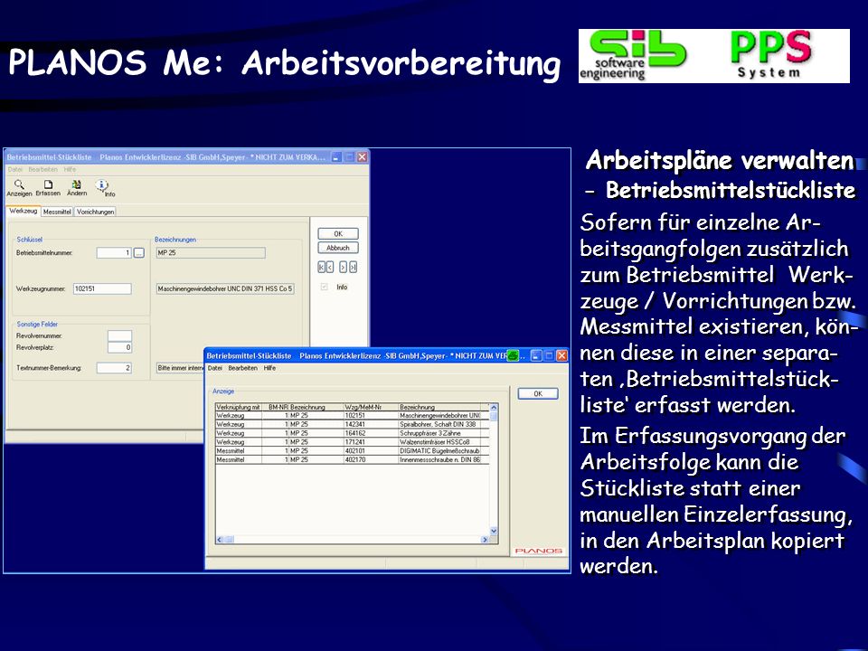 Arbeitspläne verwalten - Betriebsmittelstückliste