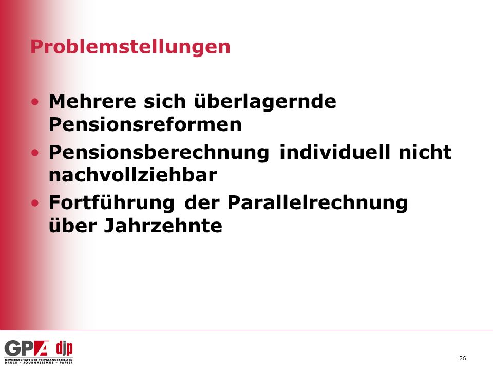 Problemstellungen Mehrere sich überlagernde Pensionsreformen. Pensionsberechnung individuell nicht nachvollziehbar.