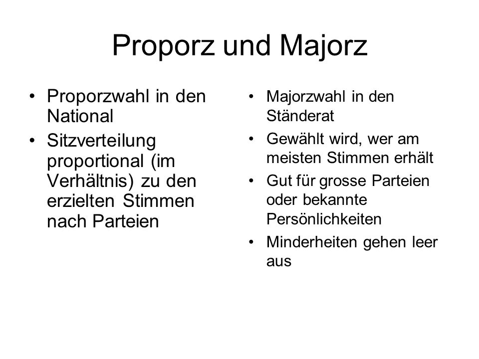 Proporz und Majorz Proporzwahl in den National