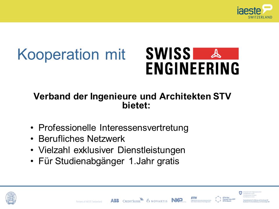 Verband der Ingenieure und Architekten STV bietet: