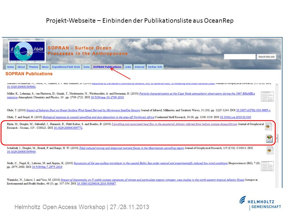 Projekt-Webseite – Einbinden der Publikationsliste aus OceanRep