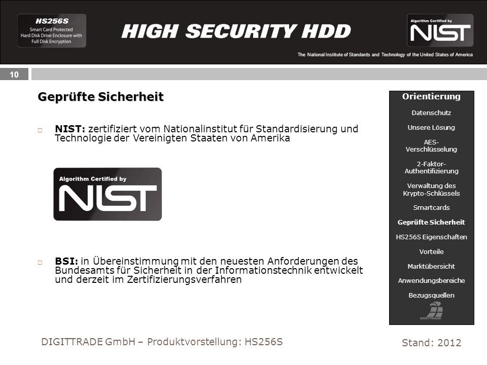 Geprüfte Sicherheit Orientierung. Datenschutz. Unsere Lösung. AES- Verschlüsselung. 2-Faktor- Authentifizierung.