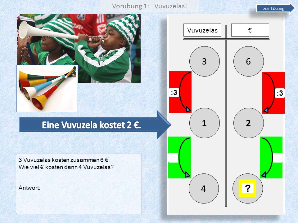 Eine Vuvuzela kostet 2 €. 4 Vorübung 1: Vuvuzelas! Vuvuzelas