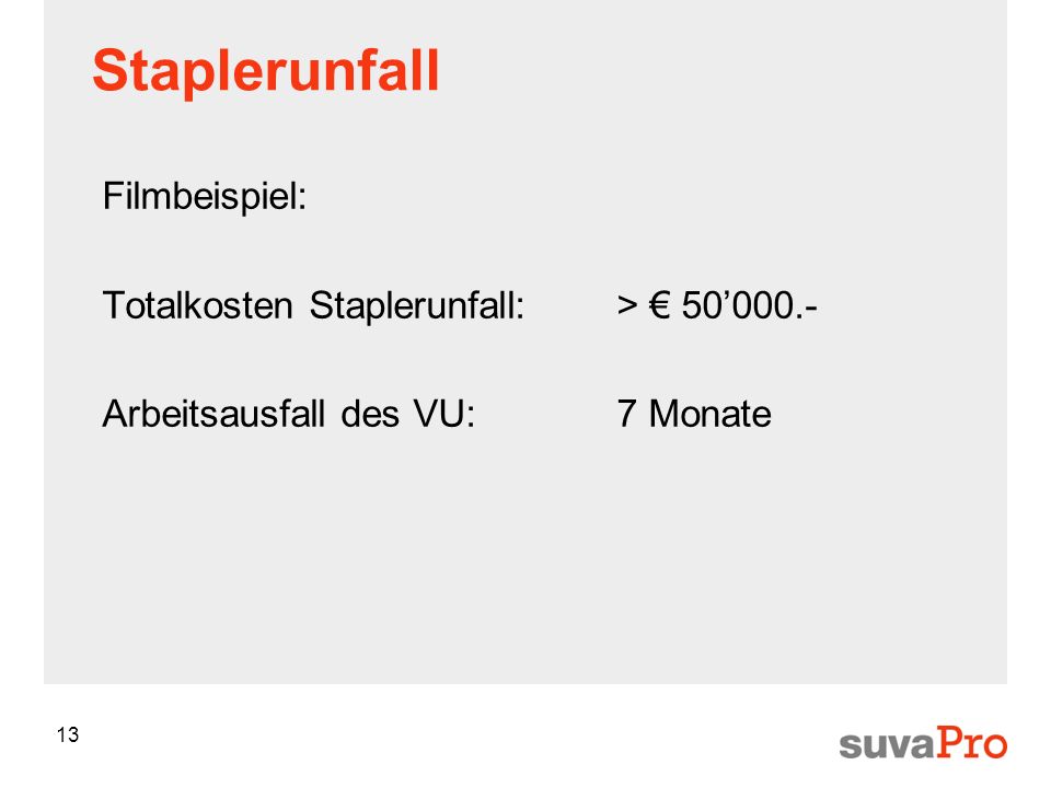 Staplerunfall Filmbeispiel: Totalkosten Staplerunfall: > € 50’000.-