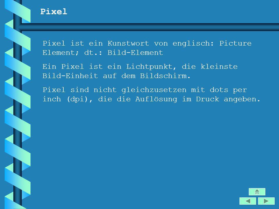 Pixel Pixel ist ein Kunstwort von englisch: Picture Element; dt.: Bild-Element.