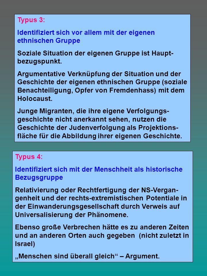 Typus 3: Identifiziert sich vor allem mit der eigenen ethnischen Gruppe. Soziale Situation der eigenen Gruppe ist Haupt-bezugspunkt.