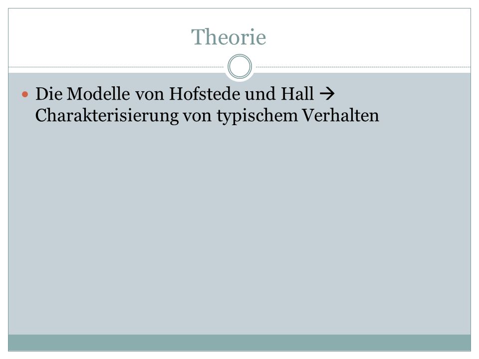 Theorie Die Modelle von Hofstede und Hall  Charakterisierung von typischem Verhalten