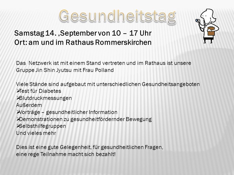 Gesundheitstag Samstag 14. ‚September von 10 – 17 Uhr Ort: am und im Rathaus Rommerskirchen.