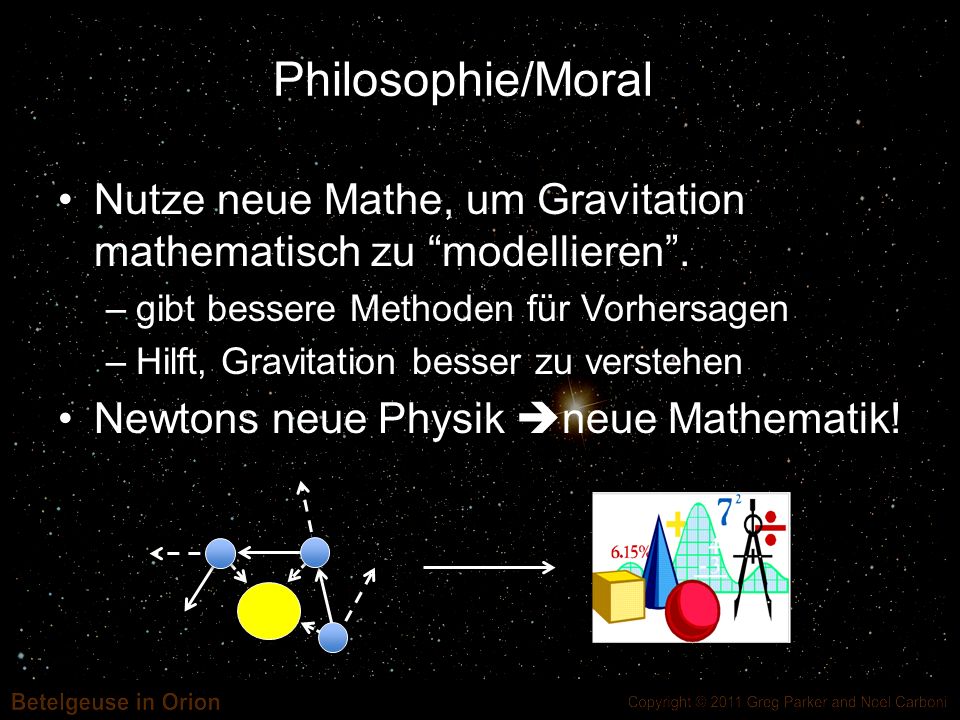 Philosophie/Moral Nutze neue Mathe, um Gravitation mathematisch zu modellieren . gibt bessere Methoden für Vorhersagen.